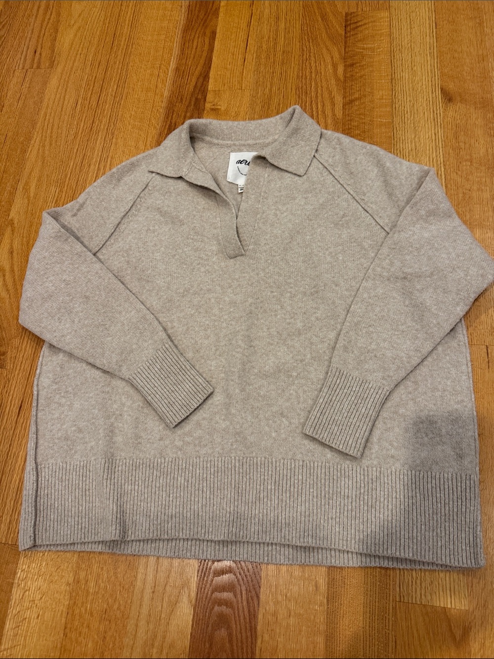 aerie Taupe V-Neck Collared Sweater